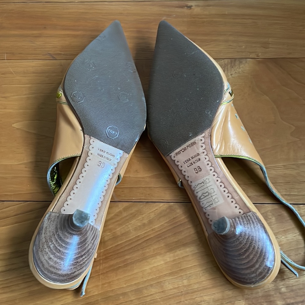 Sergio Rossi Tan Kitten Heel Slingbacks with Metallic features Size 38 or 7-1/2 - Picture 3 of 9